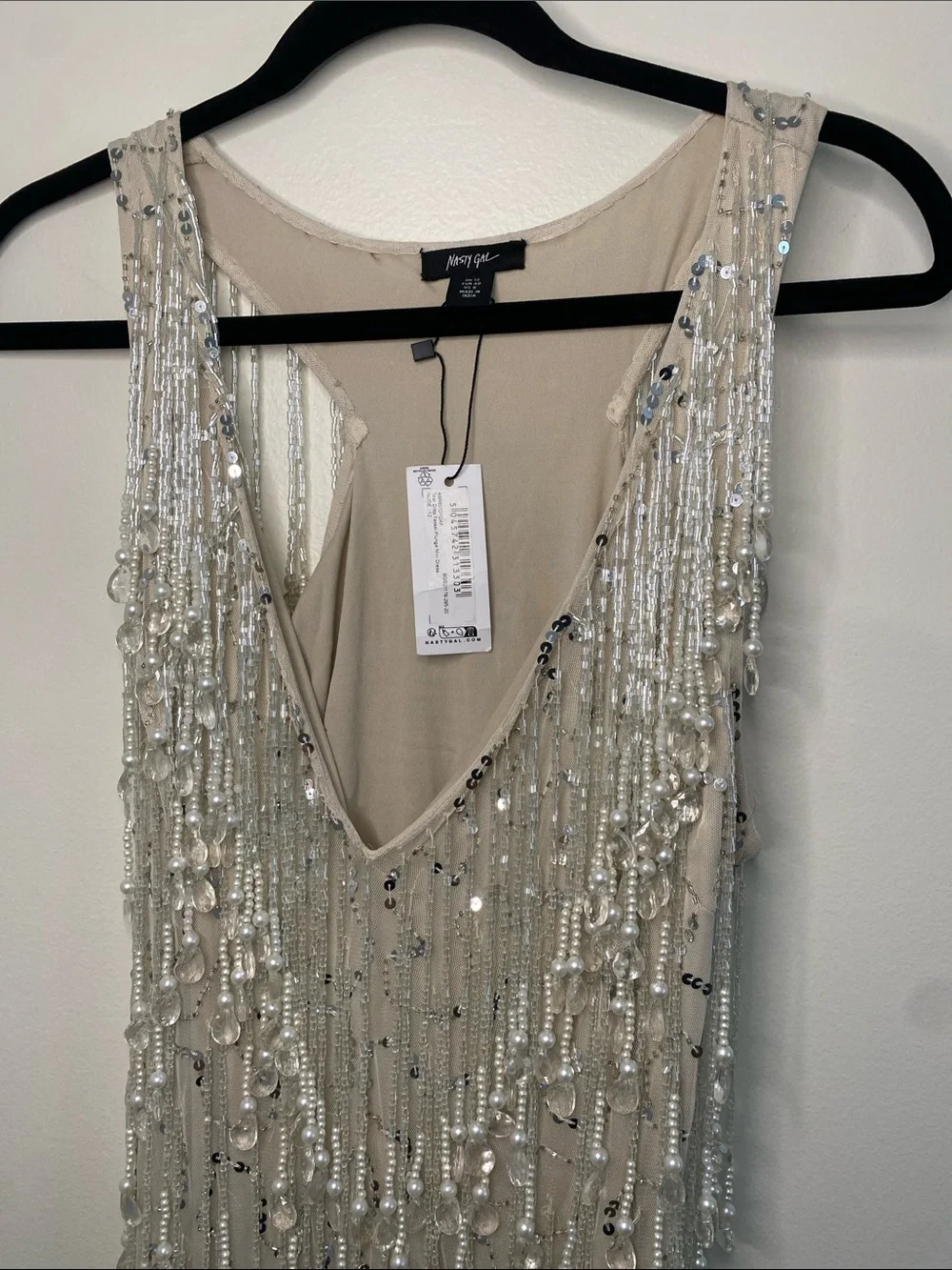 Nasty Gal NWT Tear Drop Tassel Plunge Mini Dress Beaded Nude Size 8 - Picture 3 of 11